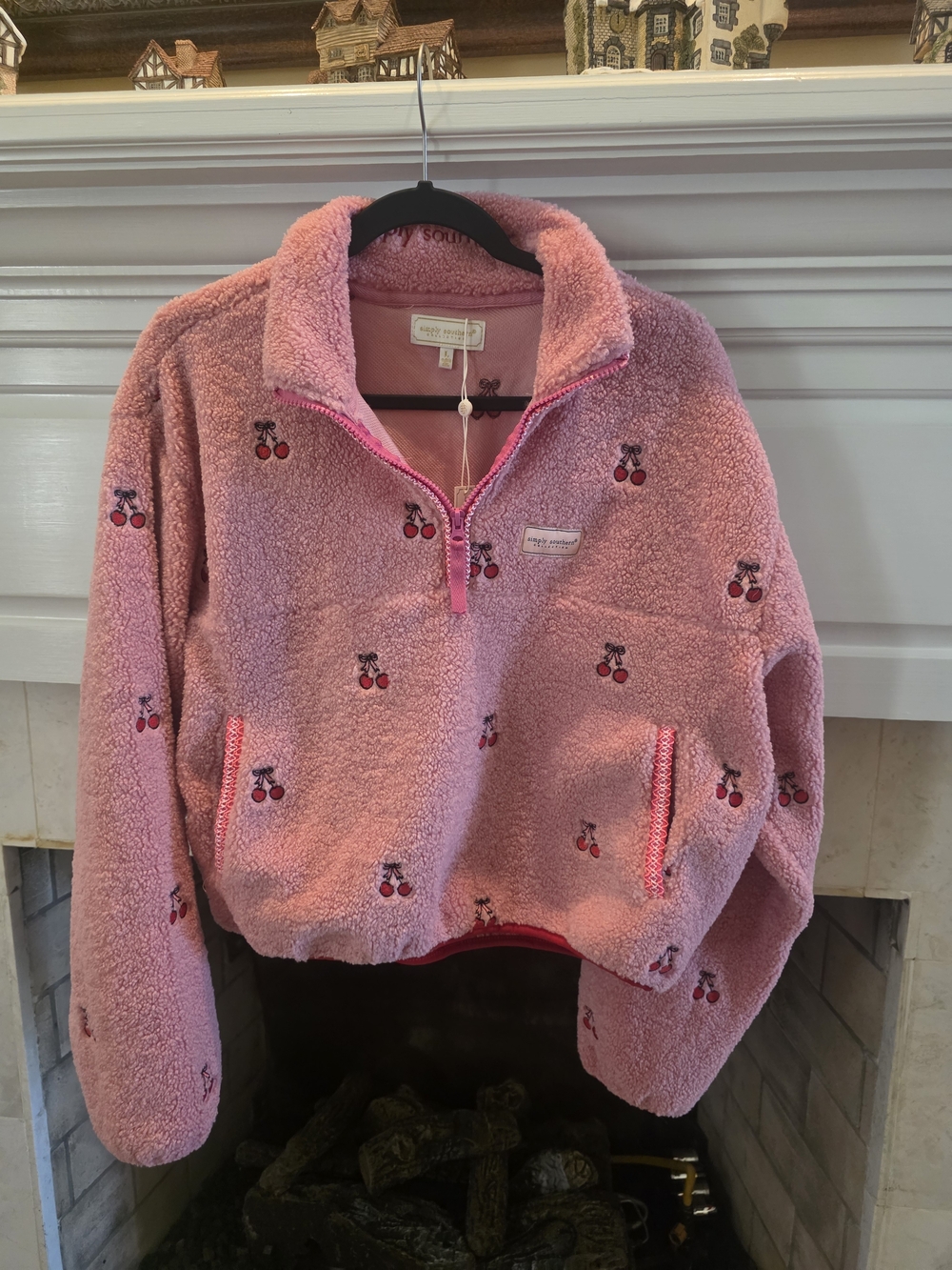 Simply Southern Pink Sherpa Pullover with Cherry Embroidery